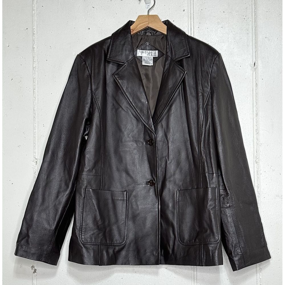 Y2K Tower Hill Collection Leather Blazer 16 Brown Two Button Patch Pocket Jacket